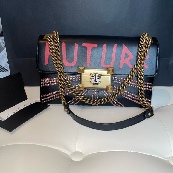 4.7K  Gucci Linea A Future Black Crystal Leather Tiger Chain Shoulder Bag.NEW! - Picture 1 of 8